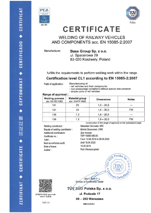 Certificate in EN 15085