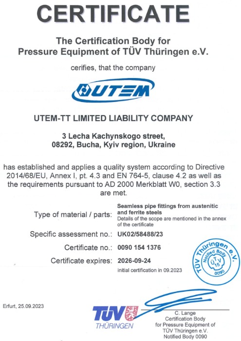 UTEM-TT Gets Pressure Equipment Directive Certificate